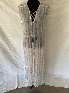 Sheer Floral Lace-Up Maxi Dress in White